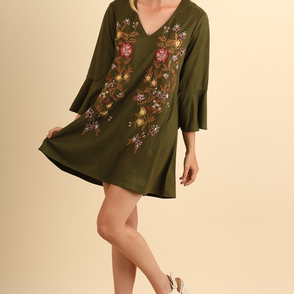 Floral Olive Bell Sleeve Embroidered Flower Dress - Picture 2 of 5